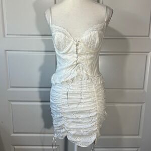 Sky to Moon‎ White Eyelet Lace Up Corset Ruched Mini Dress Women's Size S